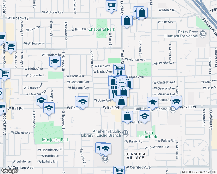 map of restaurants, bars, coffee shops, grocery stores, and more near 1743 West Beacon Avenue in Anaheim