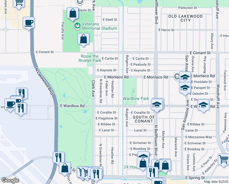 map of restaurants, bars, coffee shops, grocery stores, and more near 3454 Heather Rd in Long Beach