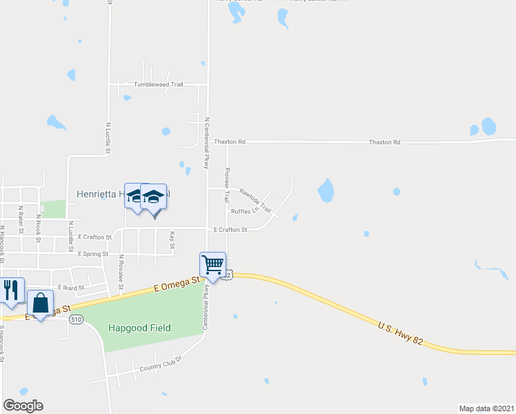 map of restaurants, bars, coffee shops, grocery stores, and more near 2113 Ruffles Lane in Henrietta