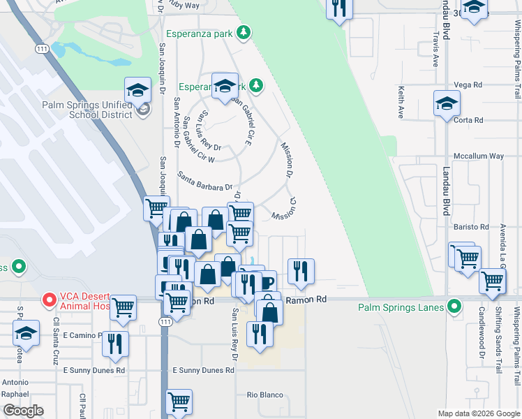 map of restaurants, bars, coffee shops, grocery stores, and more near 67281 Mission Drive in Cathedral City