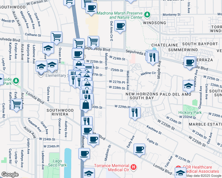 map of restaurants, bars, coffee shops, grocery stores, and more near 3518 West 228th Street in Torrance