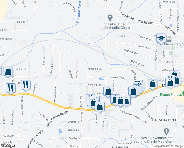 map of restaurants, bars, coffee shops, grocery stores, and more near 5485 Wild Cherry Drive Southwest in Mableton