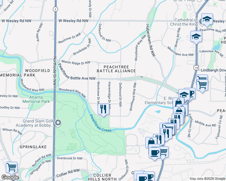 map of restaurants, bars, coffee shops, grocery stores, and more near 2401 Haven Ridge Drive Northwest in Atlanta