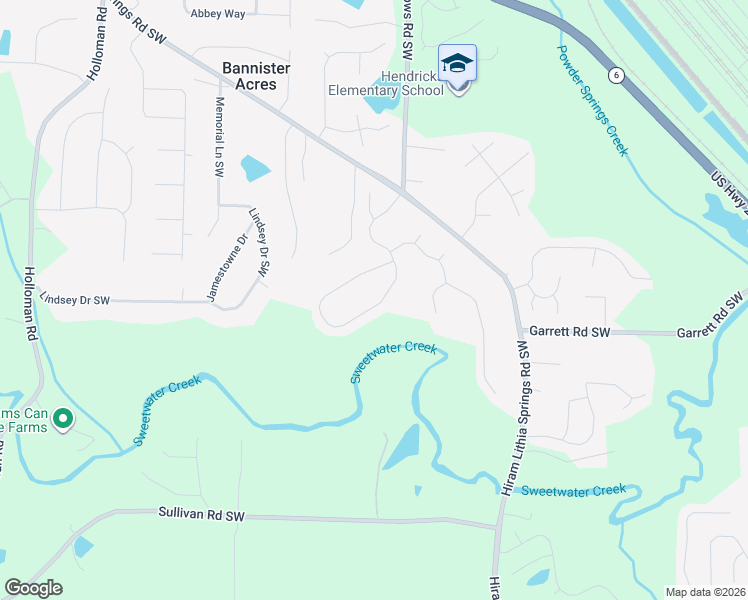 map of restaurants, bars, coffee shops, grocery stores, and more near 5448 Sweetsprings Drive Southwest in Powder Springs