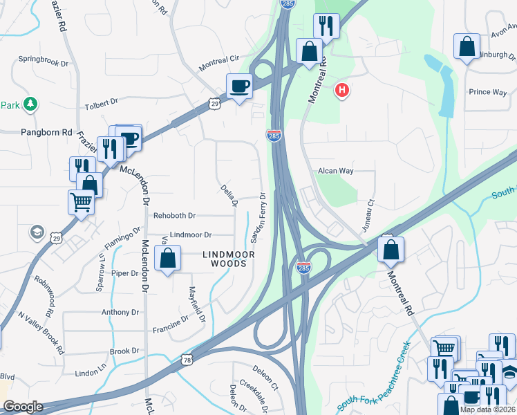 map of restaurants, bars, coffee shops, grocery stores, and more near 1372 Sanden Ferry Drive in Decatur