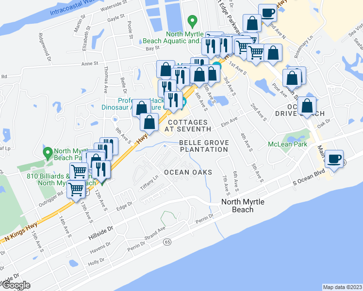 map of restaurants, bars, coffee shops, grocery stores, and more near 50 Willow Creek Drive in North Myrtle Beach