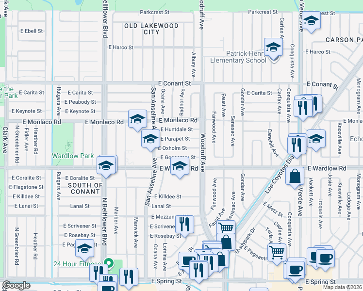 map of restaurants, bars, coffee shops, grocery stores, and more near 5815 East Oxholm Street in Long Beach