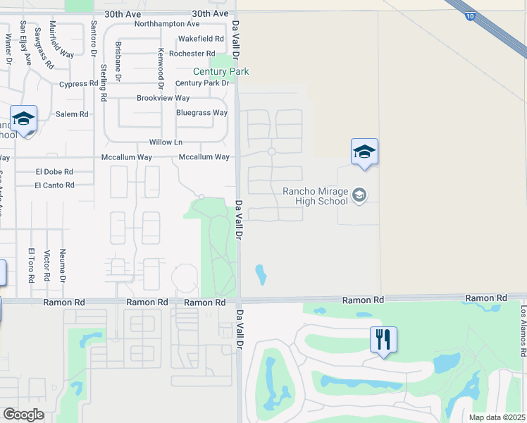 map of restaurants, bars, coffee shops, grocery stores, and more near 192 Via San Lucia in Rancho Mirage