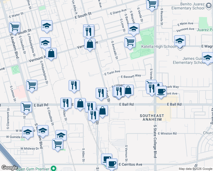 map of restaurants, bars, coffee shops, grocery stores, and more near 1101 South Clifpark Circle in Anaheim