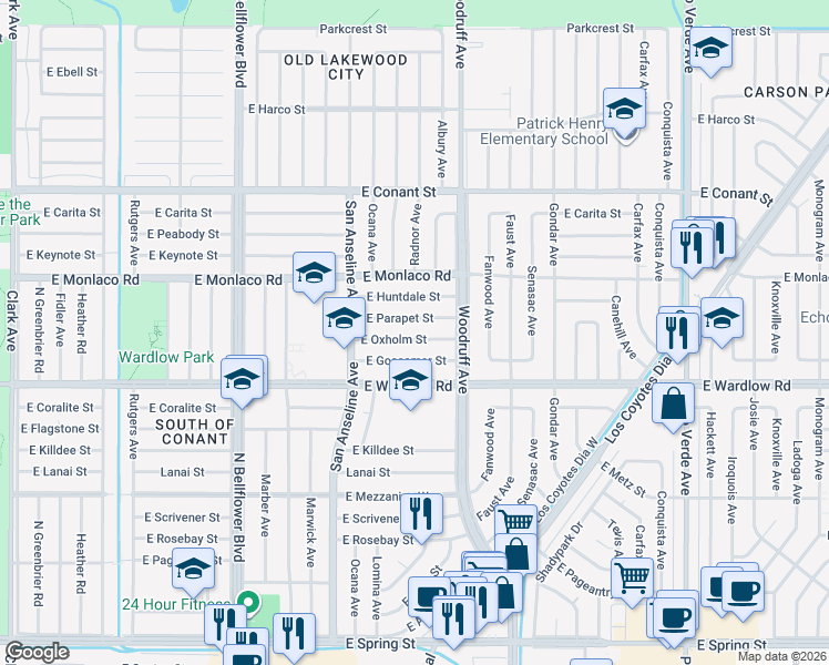 map of restaurants, bars, coffee shops, grocery stores, and more near 5815 East Oxholm Street in Long Beach