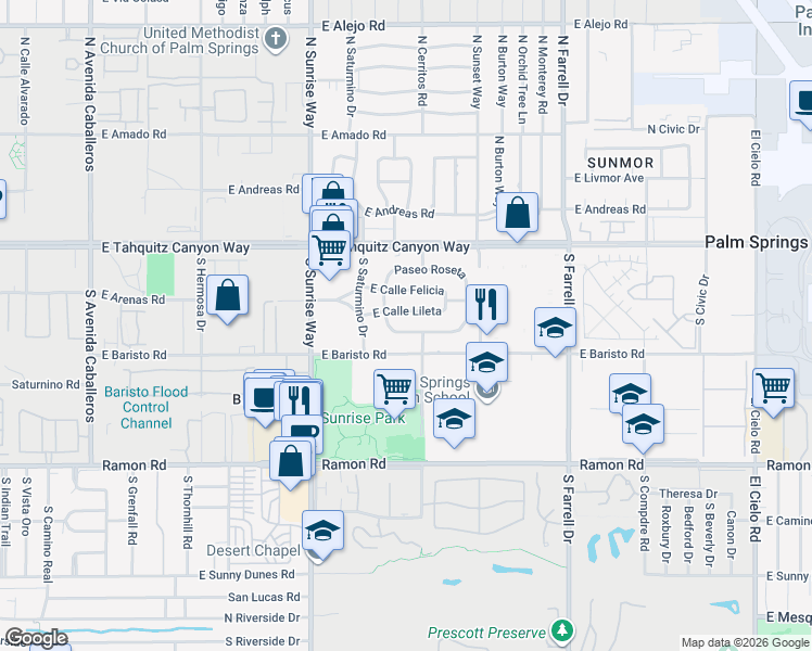 map of restaurants, bars, coffee shops, grocery stores, and more near 2020 East Paseo Gracia in Palm Springs