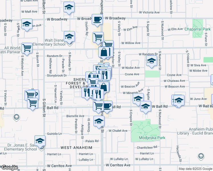map of restaurants, bars, coffee shops, grocery stores, and more near 888c Brookmore Avenue in Anaheim