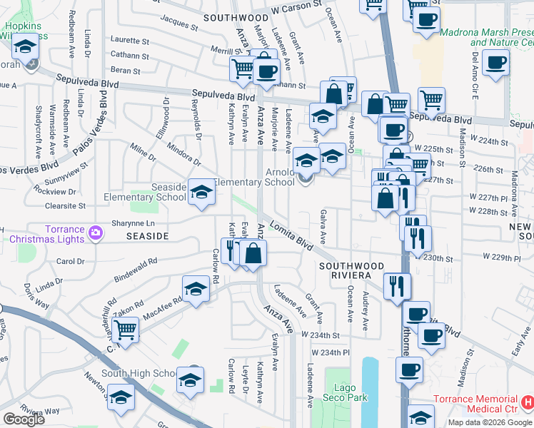 map of restaurants, bars, coffee shops, grocery stores, and more near 22828 Anza Avenue in Torrance
