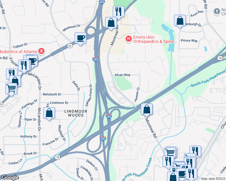 map of restaurants, bars, coffee shops, grocery stores, and more near 3306 Five Oaks Way in Tucker