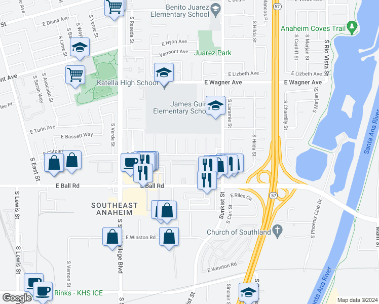 map of restaurants, bars, coffee shops, grocery stores, and more near 1136 South Chaucer Street in Anaheim