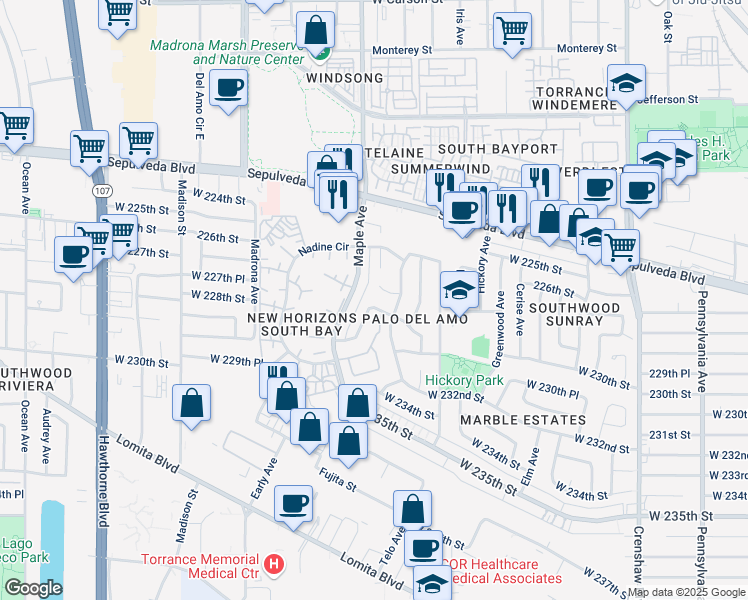 map of restaurants, bars, coffee shops, grocery stores, and more near 2929 West 229th Street in Torrance