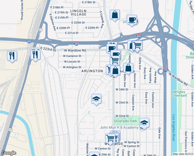 map of restaurants, bars, coffee shops, grocery stores, and more near 3595 Santa Fe Avenue in Long Beach