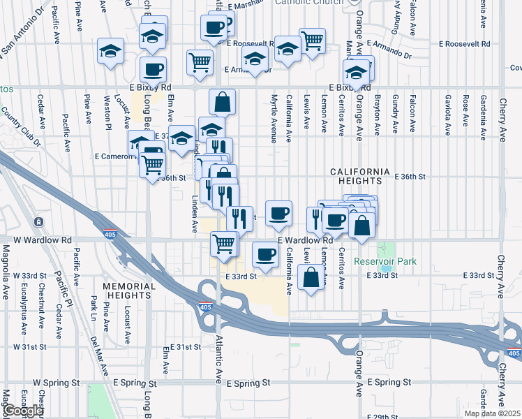 map of restaurants, bars, coffee shops, grocery stores, and more near 3512 Olive Avenue in Long Beach