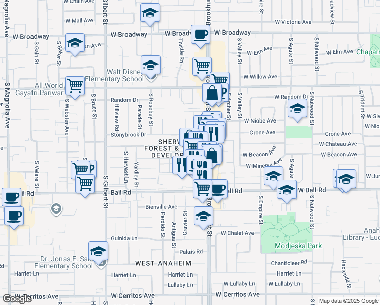 map of restaurants, bars, coffee shops, grocery stores, and more near 2222 West Colchester Drive in Anaheim