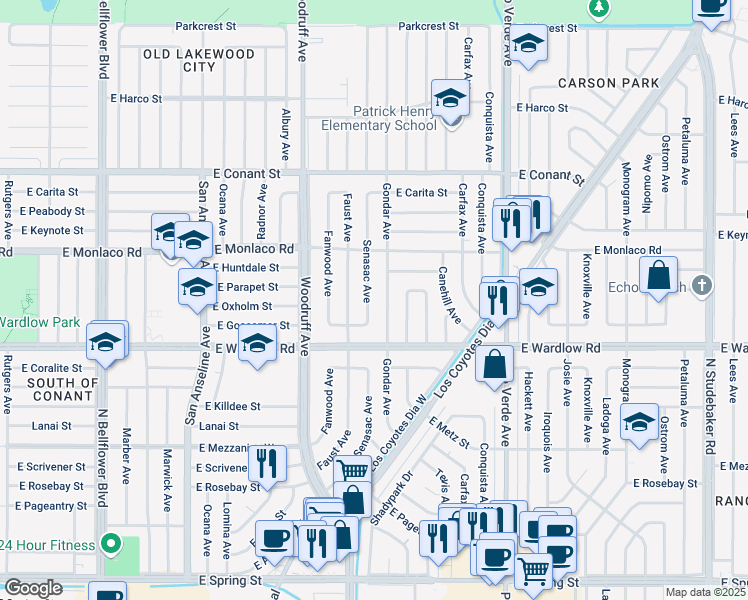 map of restaurants, bars, coffee shops, grocery stores, and more near 3459 Gondar Avenue in Long Beach