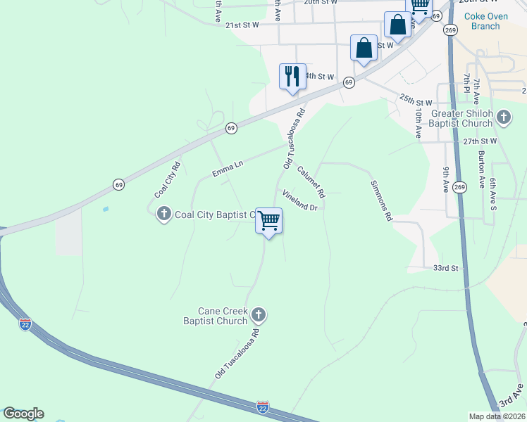 map of restaurants, bars, coffee shops, grocery stores, and more near 3000 Old Tuscaloosa Road in Jasper
