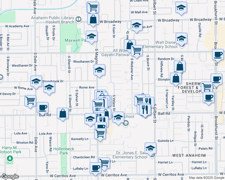 map of restaurants, bars, coffee shops, grocery stores, and more near 819 South Velare Street in Anaheim