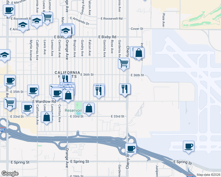 map of restaurants, bars, coffee shops, grocery stores, and more near 3501 Rose Avenue in Long Beach