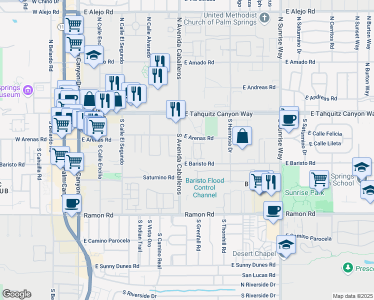 map of restaurants, bars, coffee shops, grocery stores, and more near 280 South Avenida Caballeros in Palm Springs