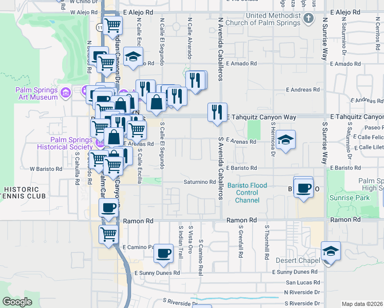 map of restaurants, bars, coffee shops, grocery stores, and more near 829 East Arenas Road in Palm Springs
