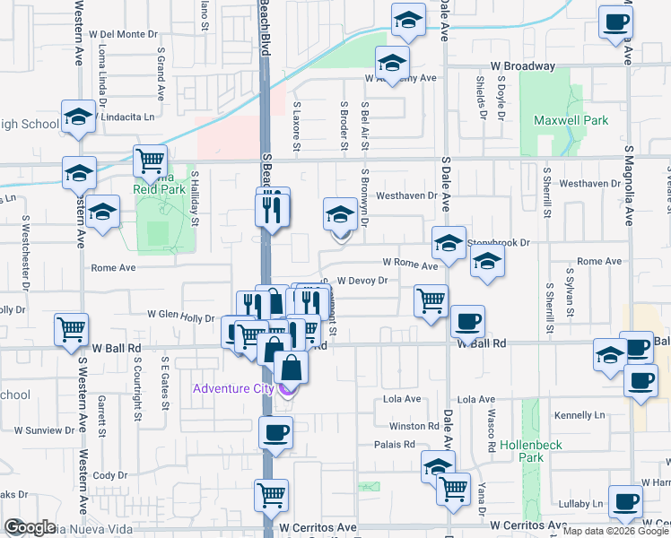 map of restaurants, bars, coffee shops, grocery stores, and more near 2916 West Rome Avenue in Anaheim