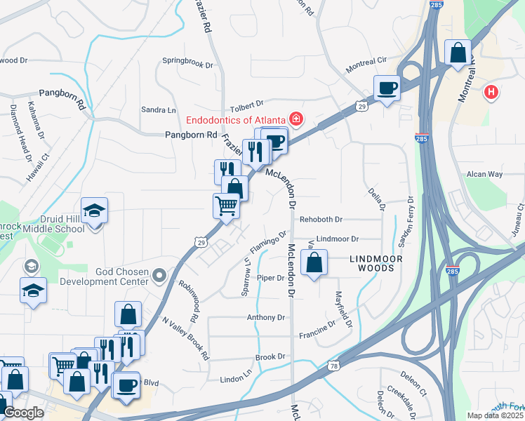 map of restaurants, bars, coffee shops, grocery stores, and more near 1362 Camden Walk in Decatur