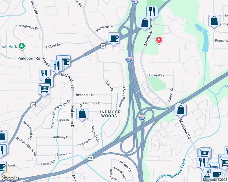 map of restaurants, bars, coffee shops, grocery stores, and more near 1571 Delia Drive in Decatur