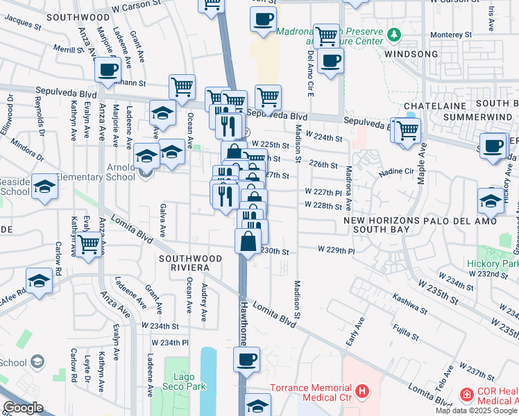 map of restaurants, bars, coffee shops, grocery stores, and more near 22760 Hawthorne Boulevard in Torrance