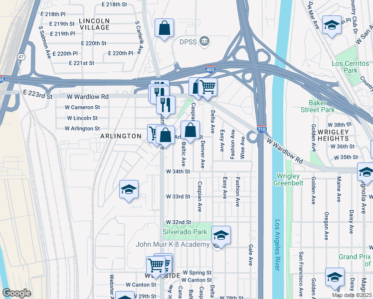map of restaurants, bars, coffee shops, grocery stores, and more near 3524 Baltic Avenue in Long Beach