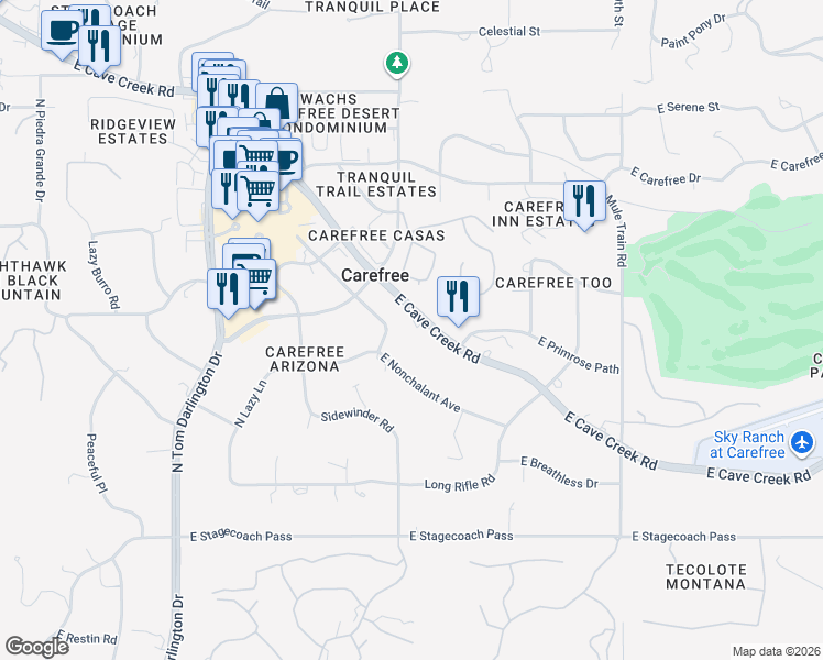 map of restaurants, bars, coffee shops, grocery stores, and more near 7601 East Cave Creek Road in Carefree