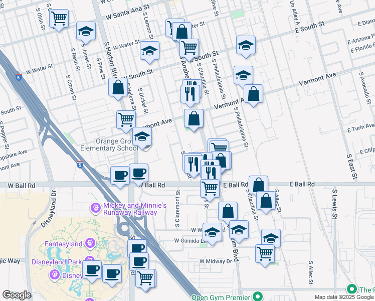 map of restaurants, bars, coffee shops, grocery stores, and more near 1022 South Lemon Street in Anaheim