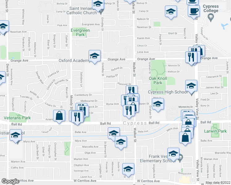 map of restaurants, bars, coffee shops, grocery stores, and more near 5325 Canterbury Drive in Cypress