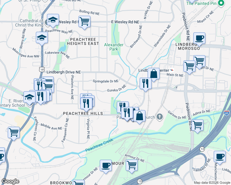 map of restaurants, bars, coffee shops, grocery stores, and more near 297 Eureka Drive Northeast in Atlanta