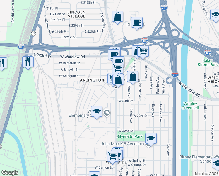 map of restaurants, bars, coffee shops, grocery stores, and more near 2 Pacific Drive in Long Beach