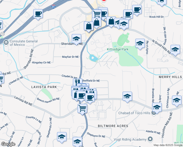 map of restaurants, bars, coffee shops, grocery stores, and more near 1386 Sheffield Glen Way Northeast in Atlanta