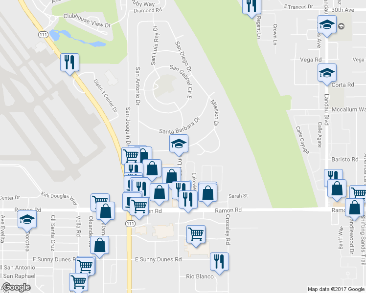 map of restaurants, bars, coffee shops, grocery stores, and more near 31390 San Luis Rey Drive in Cathedral City
