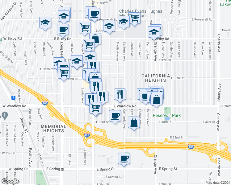 map of restaurants, bars, coffee shops, grocery stores, and more near 3511 Myrtle Avenue in Long Beach