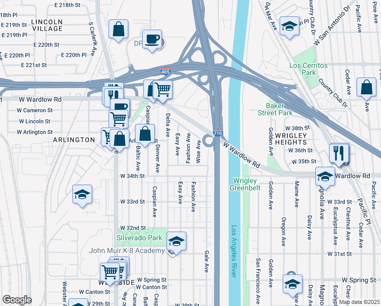 map of restaurants, bars, coffee shops, grocery stores, and more near 3524 Fashion Avenue in Long Beach