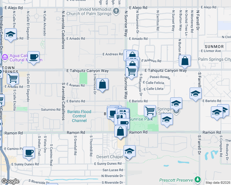 map of restaurants, bars, coffee shops, grocery stores, and more near 1532 East Baristo Road in Palm Springs