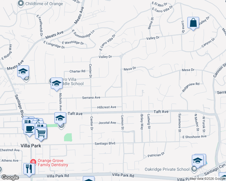 map of restaurants, bars, coffee shops, grocery stores, and more near 10182 Squires Circle in Villa Park