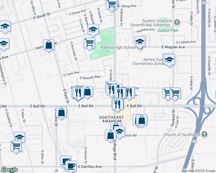 map of restaurants, bars, coffee shops, grocery stores, and more near 1821 East Clifpark Way in Anaheim