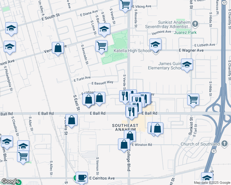 map of restaurants, bars, coffee shops, grocery stores, and more near 1821 East Clifpark Way in Anaheim