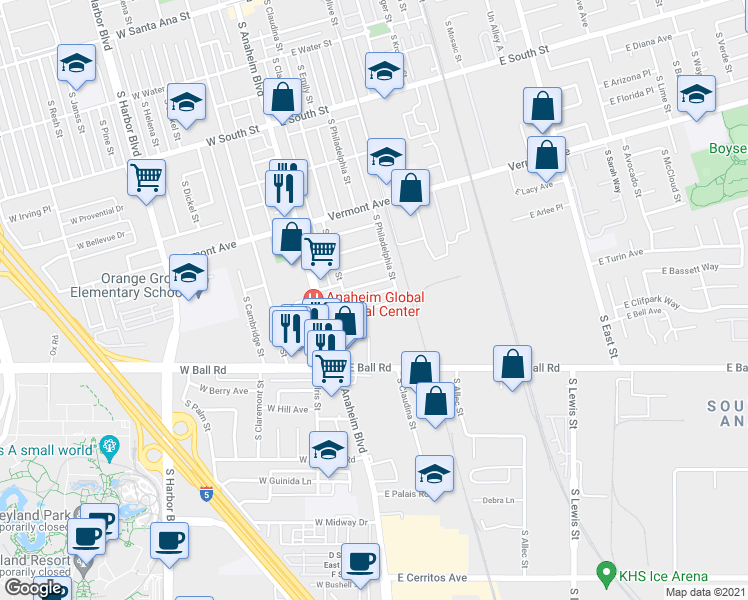 map of restaurants, bars, coffee shops, grocery stores, and more near 229 East Clifton Avenue in Anaheim