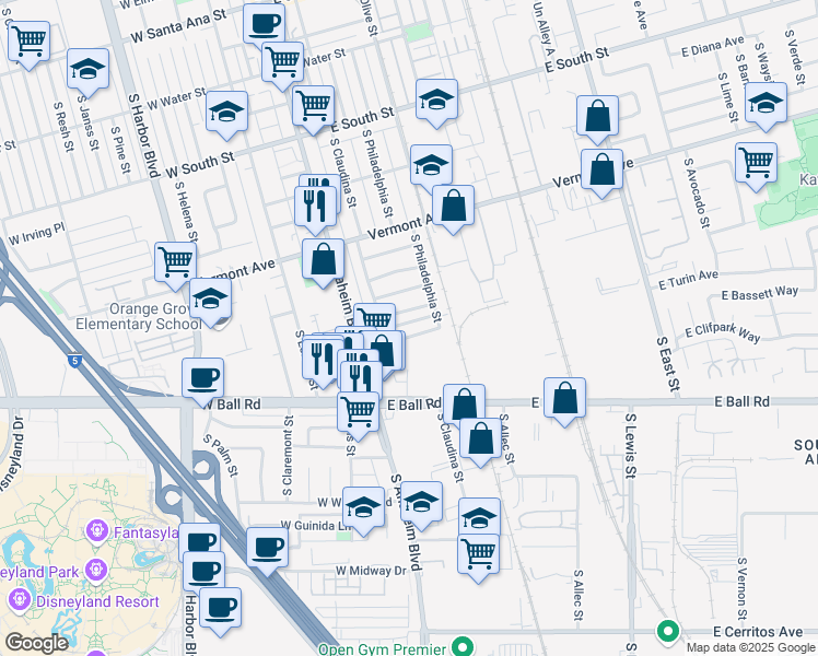 map of restaurants, bars, coffee shops, grocery stores, and more near 229 East Clifton Avenue in Anaheim