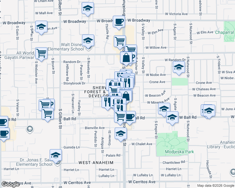 map of restaurants, bars, coffee shops, grocery stores, and more near 2222 West Colchester Drive in Anaheim